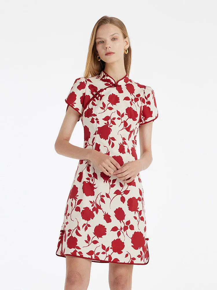 Rose Printed Mandarin Collared Women Qipao Mini Dress