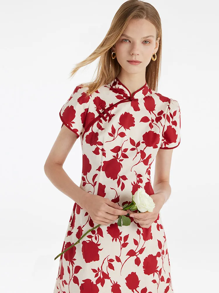 Rose Printed Mandarin Collared Women Qipao Mini Dress