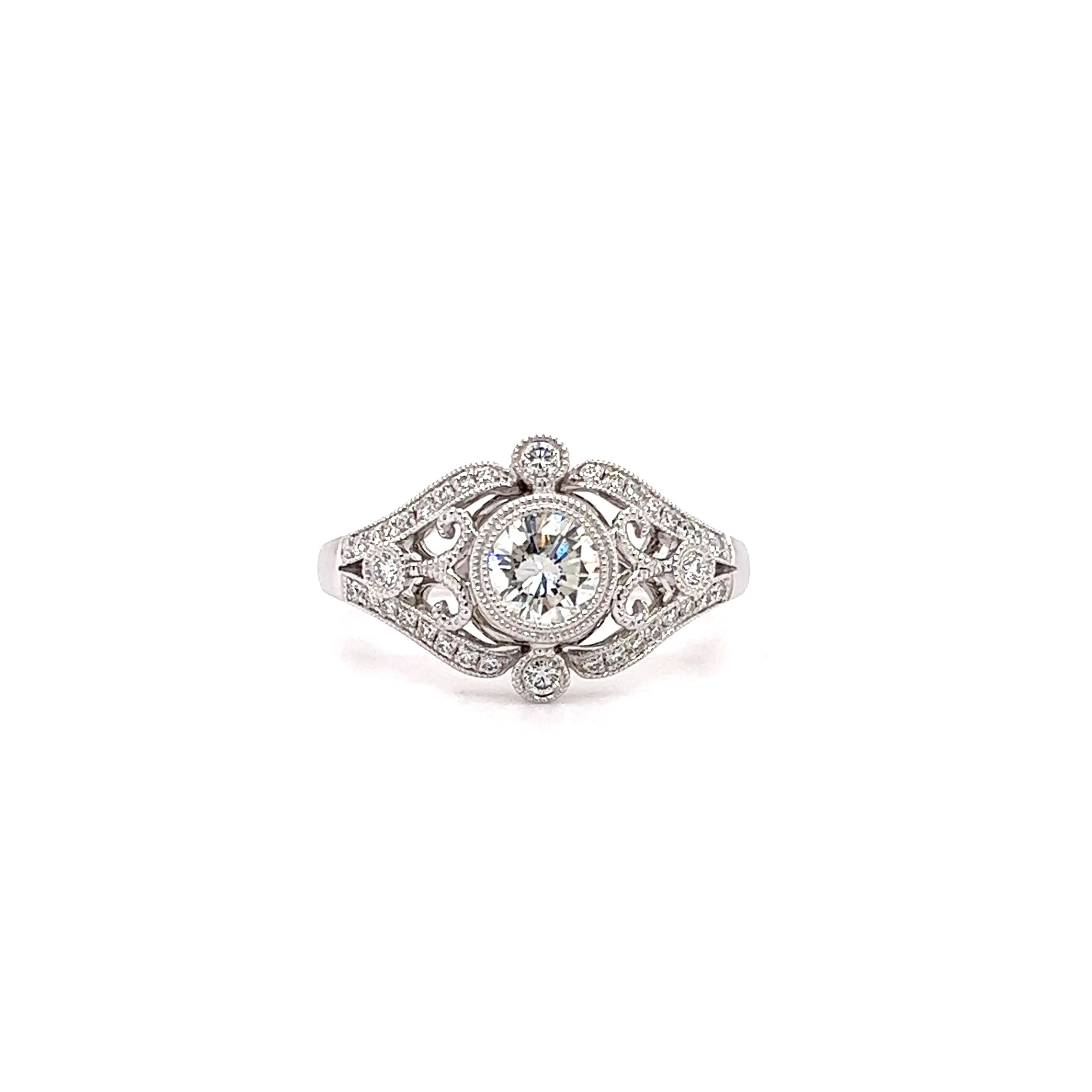 Round Diamond Ring with Side Diamonds and Filigree in 14K White Gold