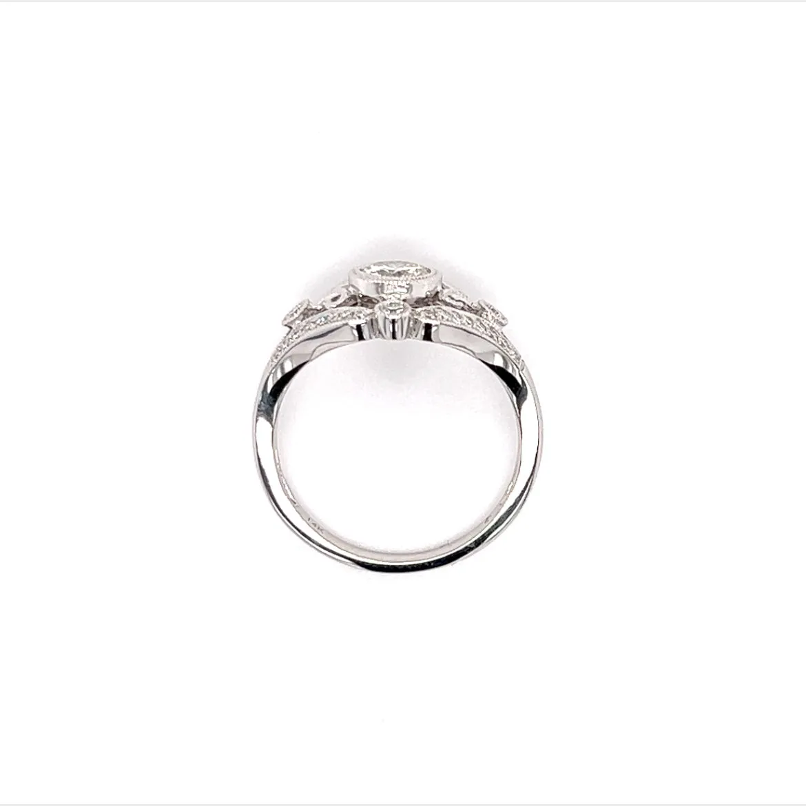 Round Diamond Ring with Side Diamonds and Filigree in 14K White Gold