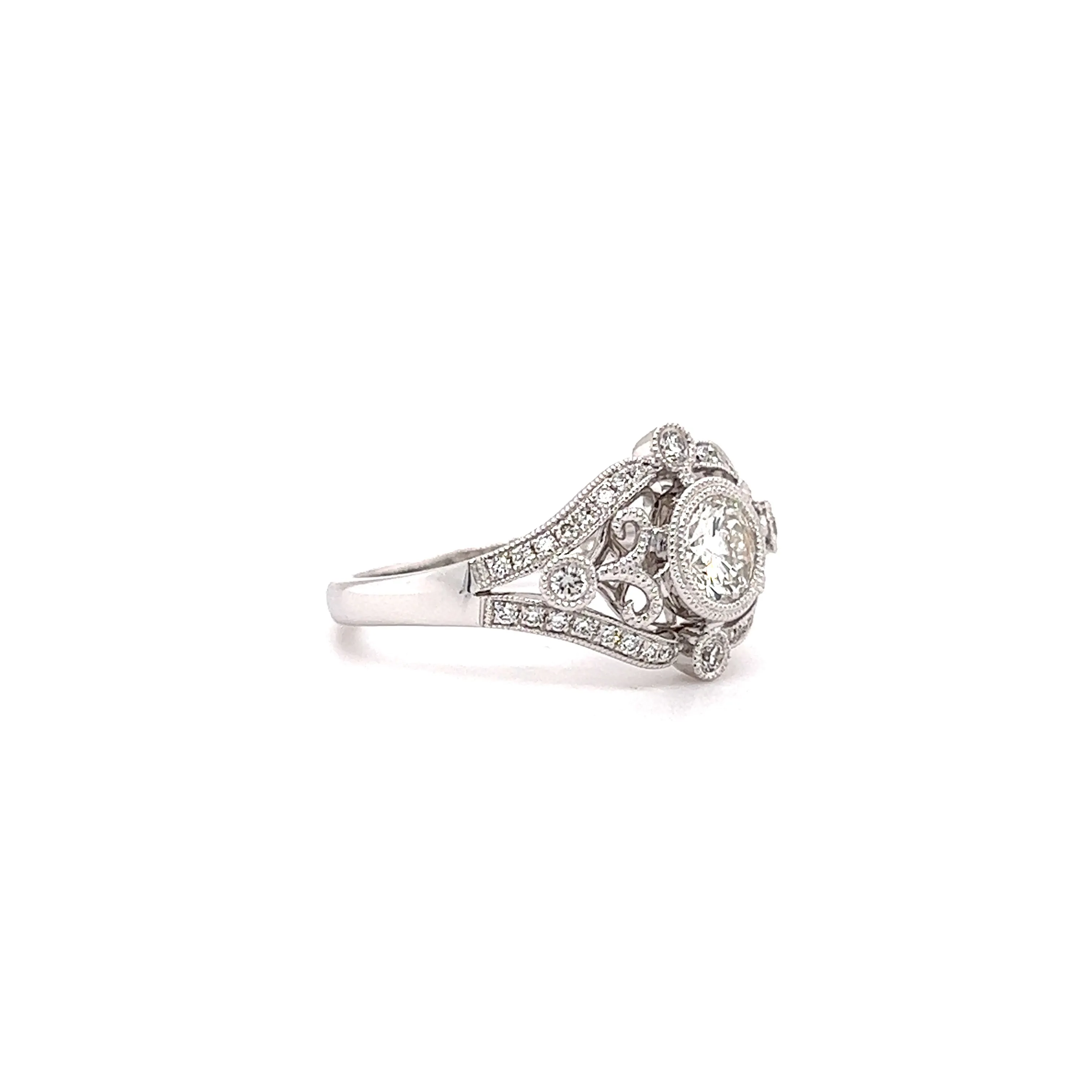 Round Diamond Ring with Side Diamonds and Filigree in 14K White Gold