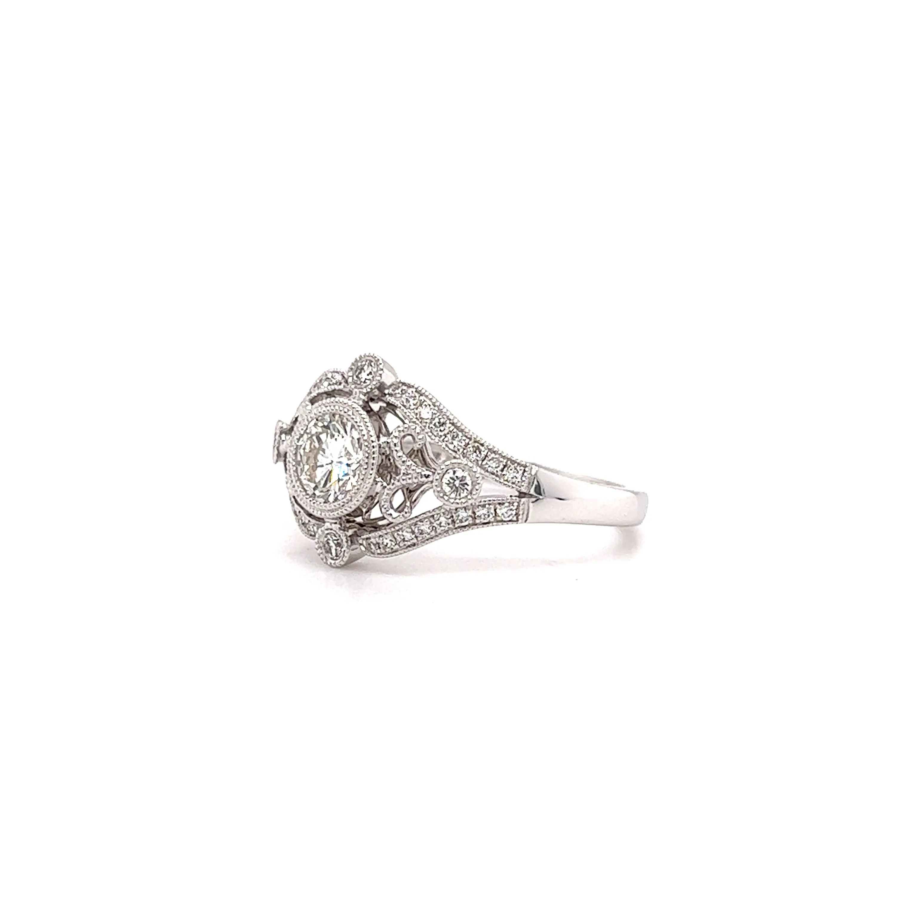 Round Diamond Ring with Side Diamonds and Filigree in 14K White Gold