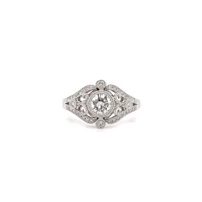 Round Diamond Ring with Side Diamonds and Filigree in 14K White Gold