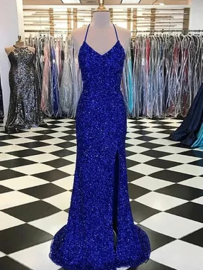 Royal Blue Sheath V-Neck Sleeveless Long Sweep Train Velvet Sequin Prom Dress (AF1077)