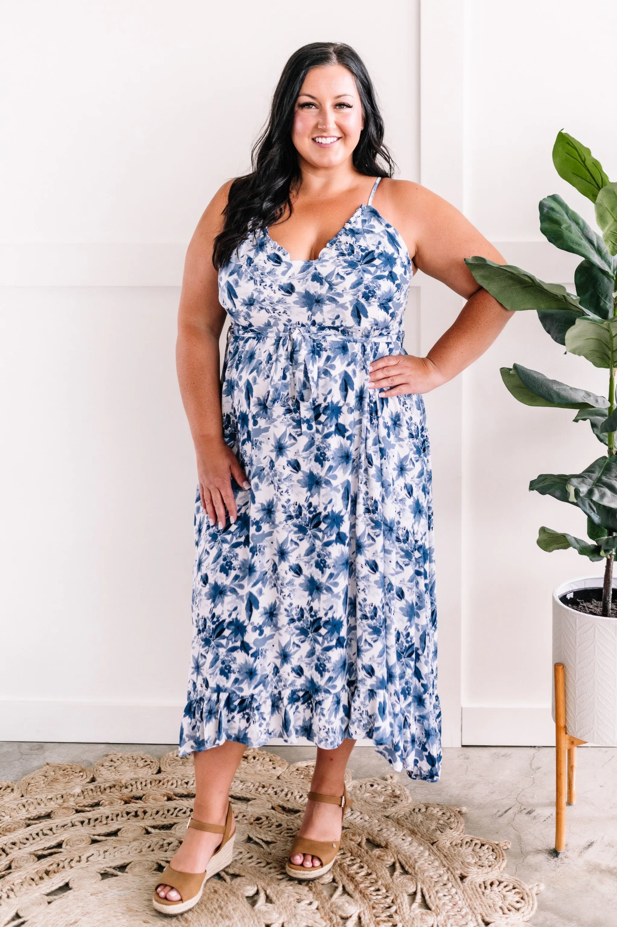 Ruffle Hem Midi Dress With Pockets In Porcelain Blue Florals