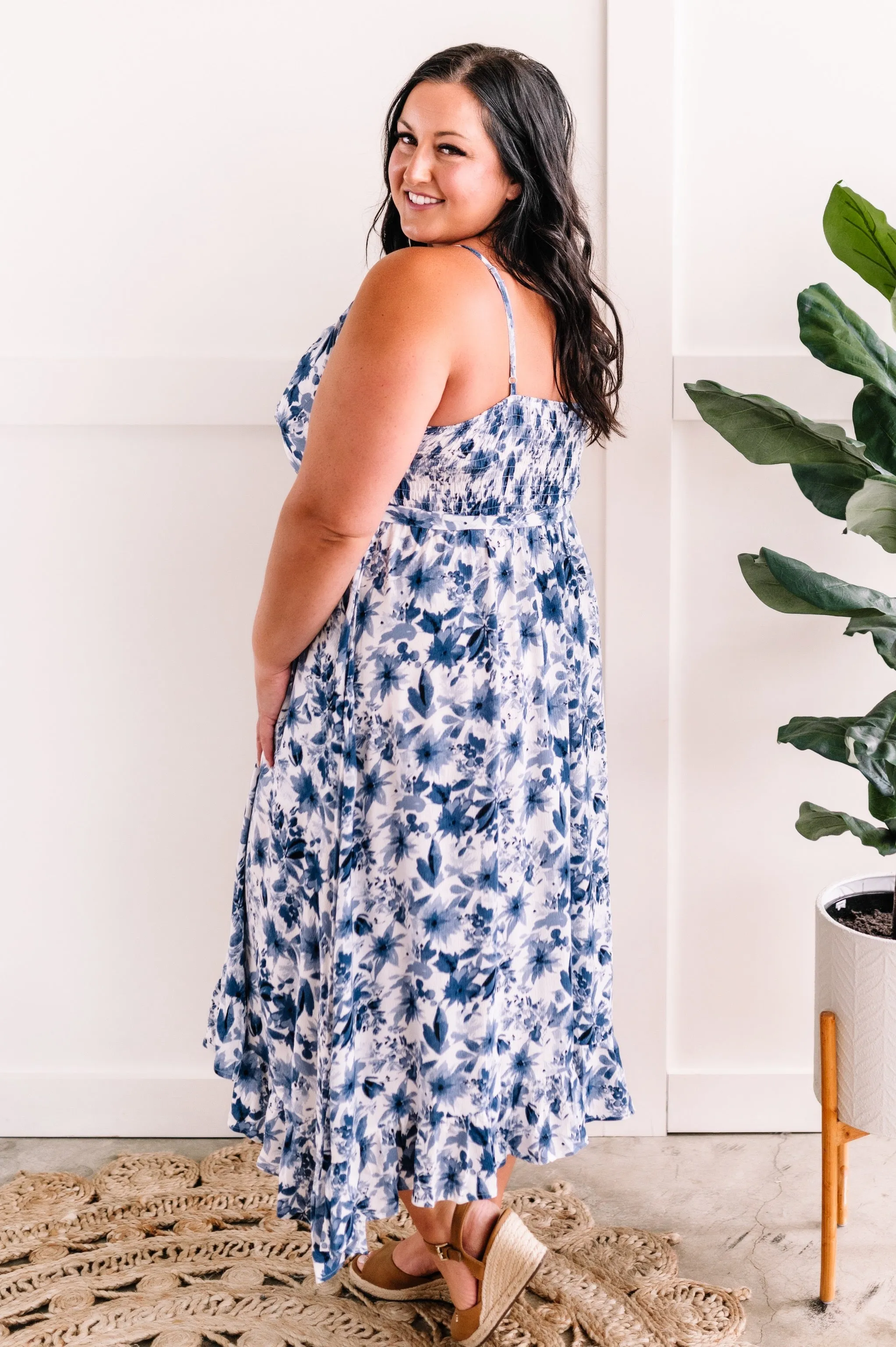 Ruffle Hem Midi Dress With Pockets In Porcelain Blue Florals