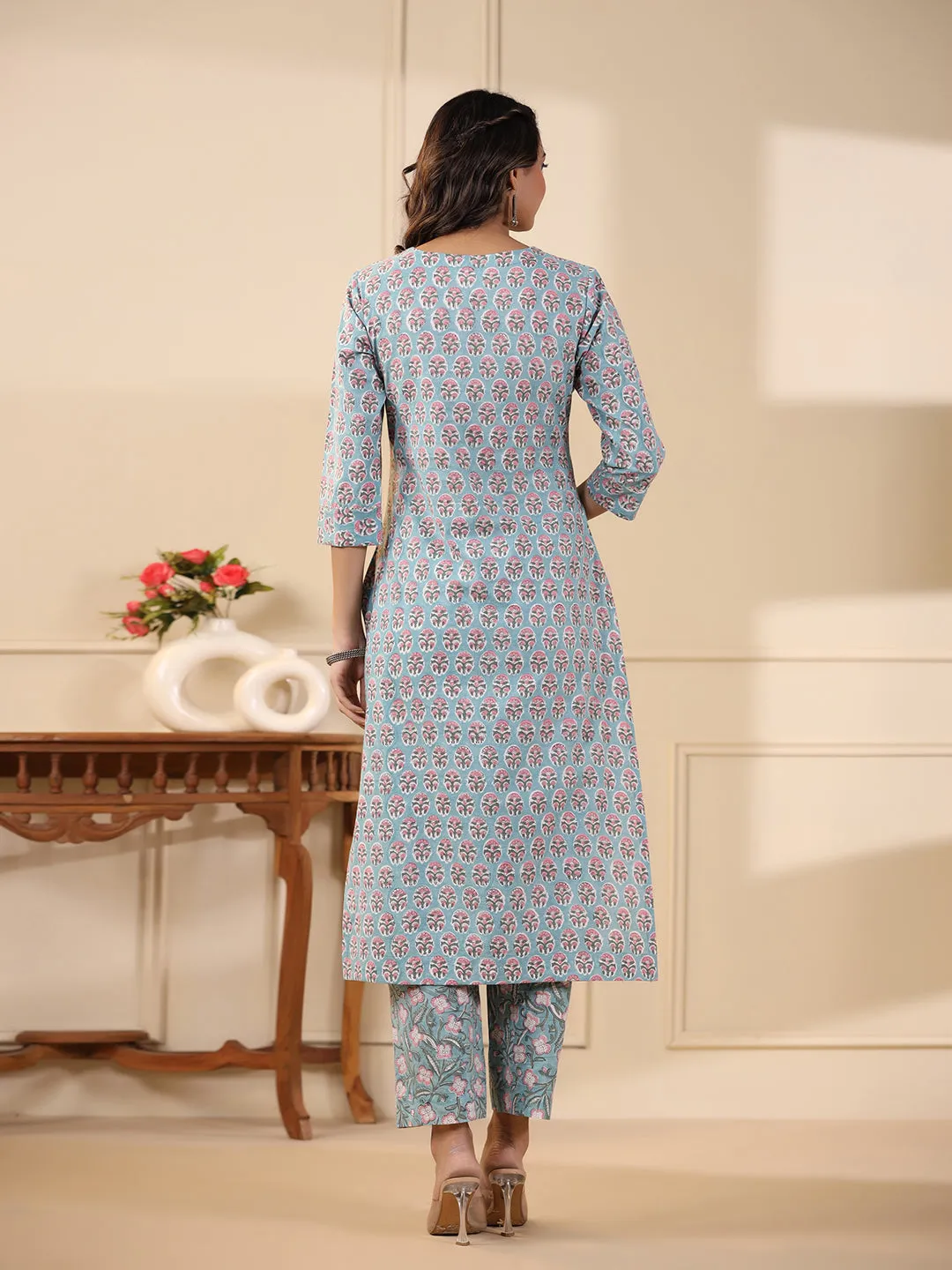 Sadabahaar Aqua Butti Handblock Printed Cotton Kurta Pant Set