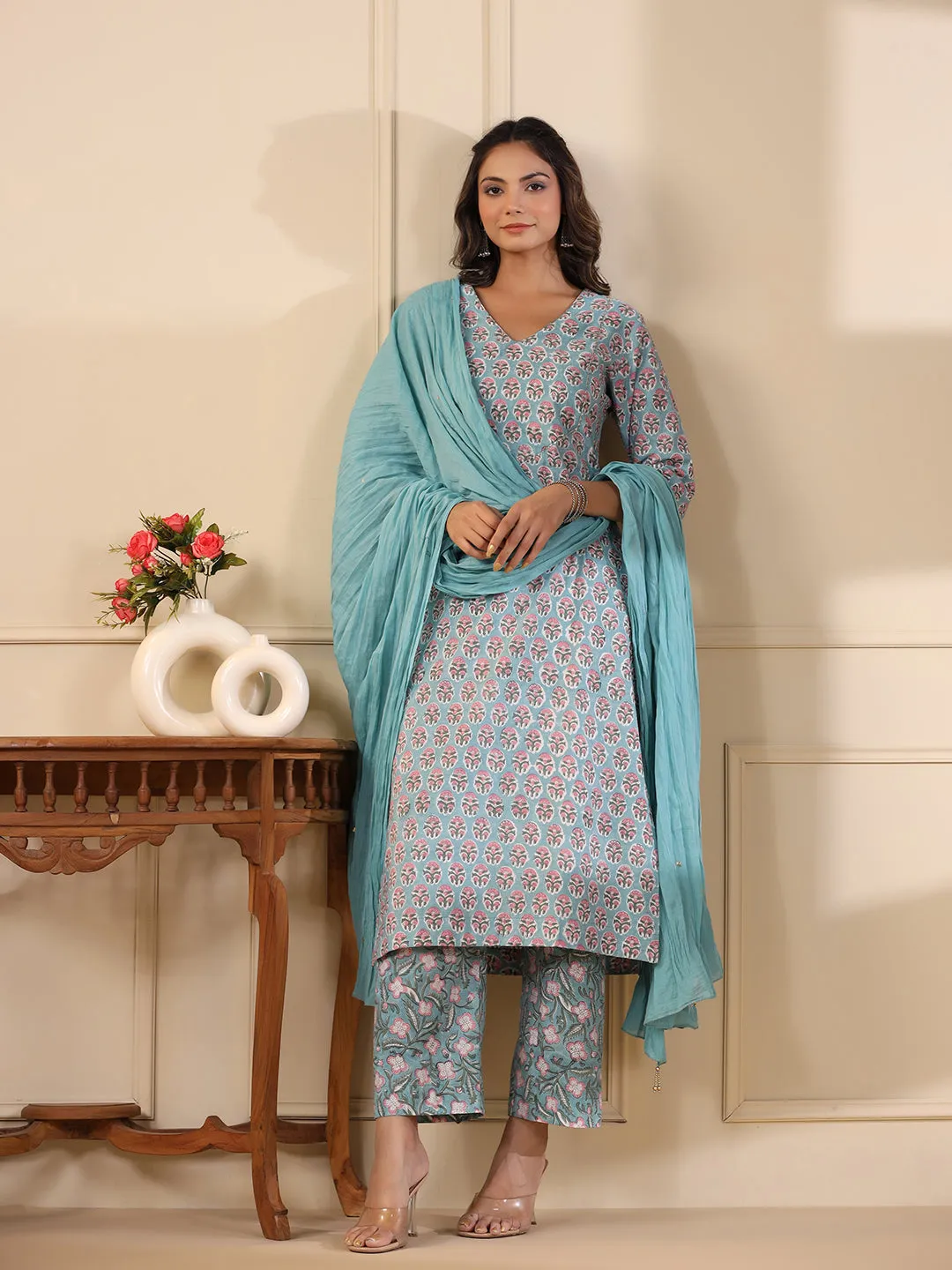 Sadabahaar Aqua Butti Handblock Printed Cotton Kurta Pant Set