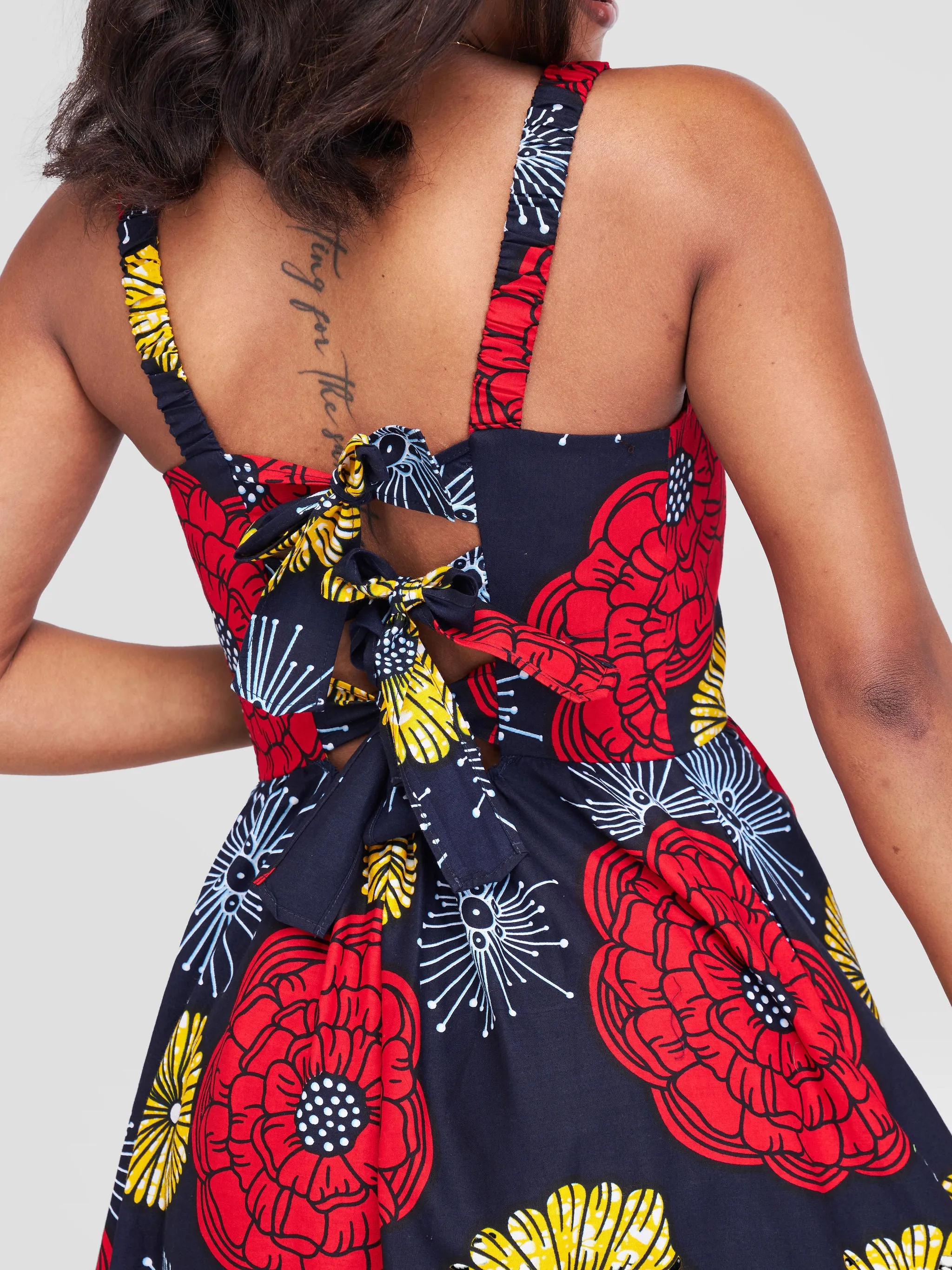 Safari Anga Strappy Tie Back Maxi Dress - Navy / Red Ankara Print