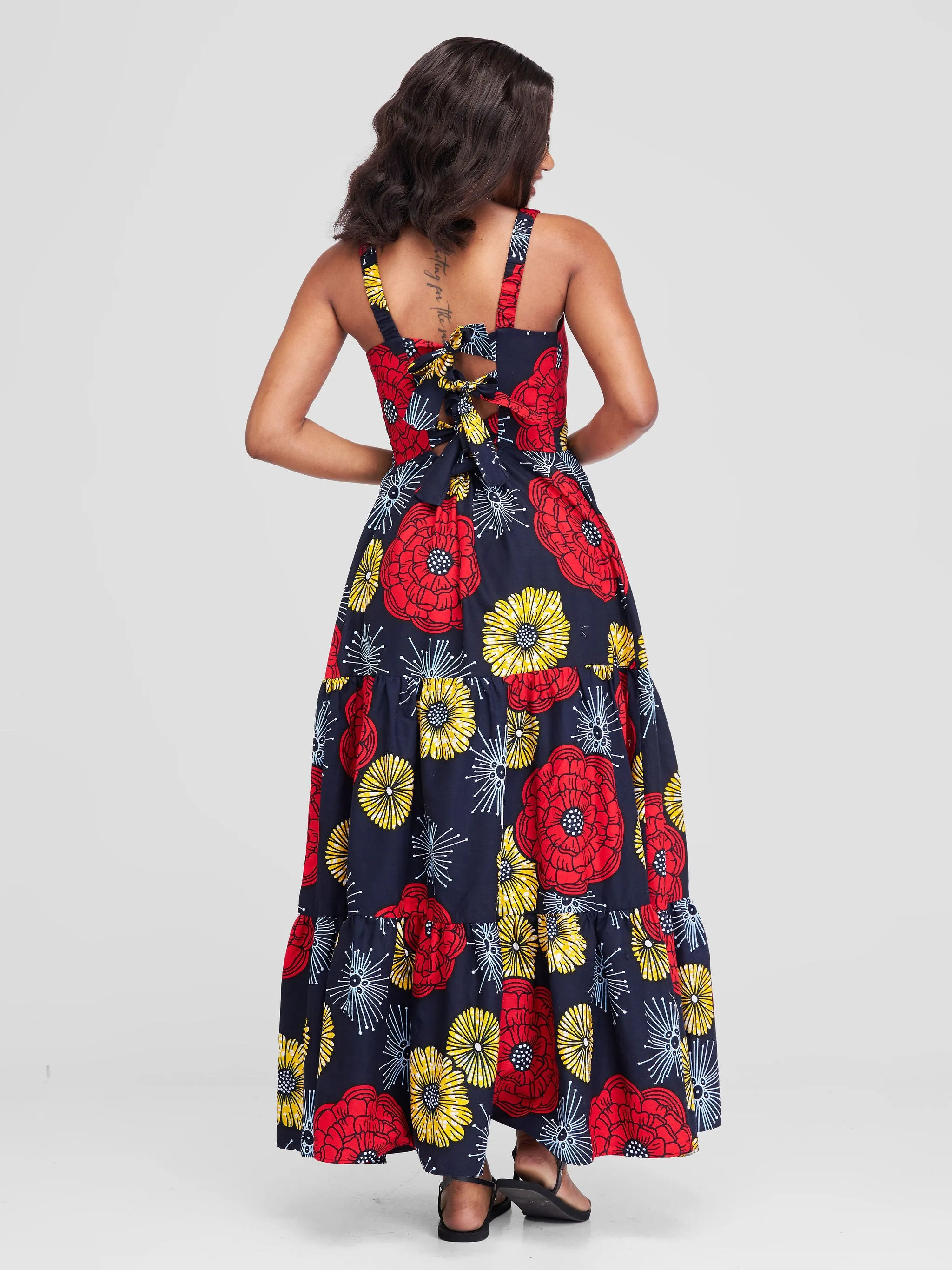 Safari Anga Strappy Tie Back Maxi Dress - Navy / Red Ankara Print