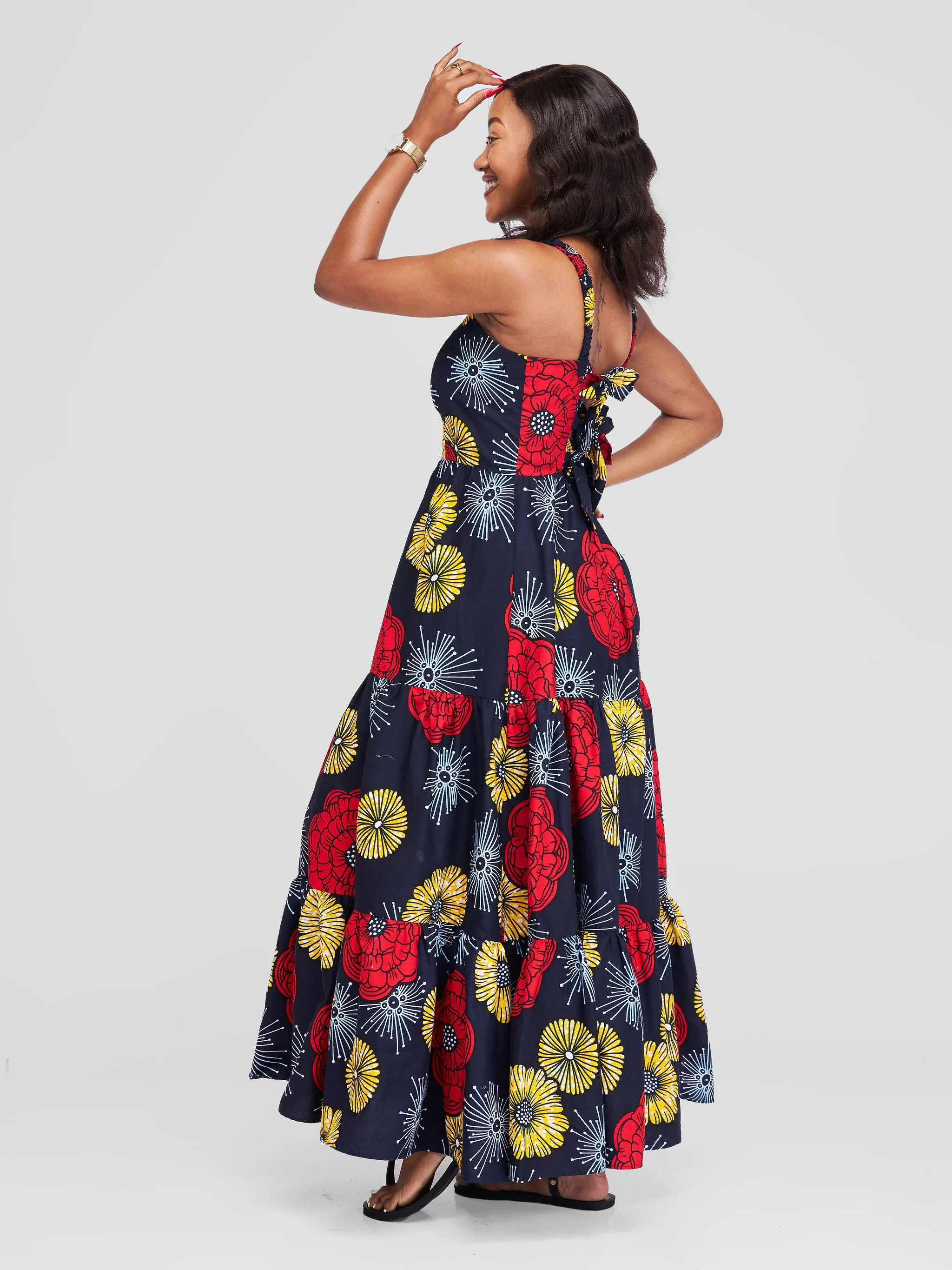 Safari Anga Strappy Tie Back Maxi Dress - Navy / Red Ankara Print