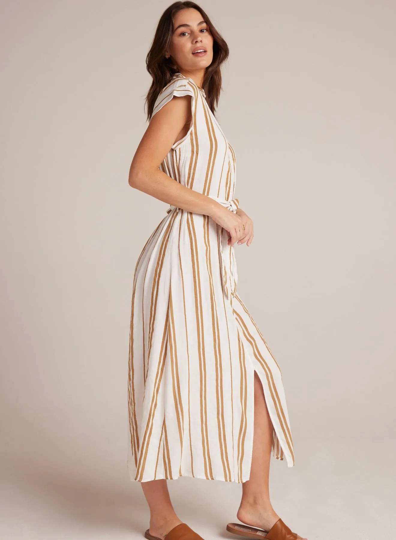 Short Sleeve Belted Dress - Redwood Stripe