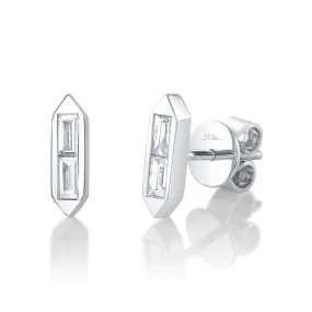 SHY CREATION 14K WHITE GOLD BAGUETTE DIAMOND BAR STUD EARRINGS