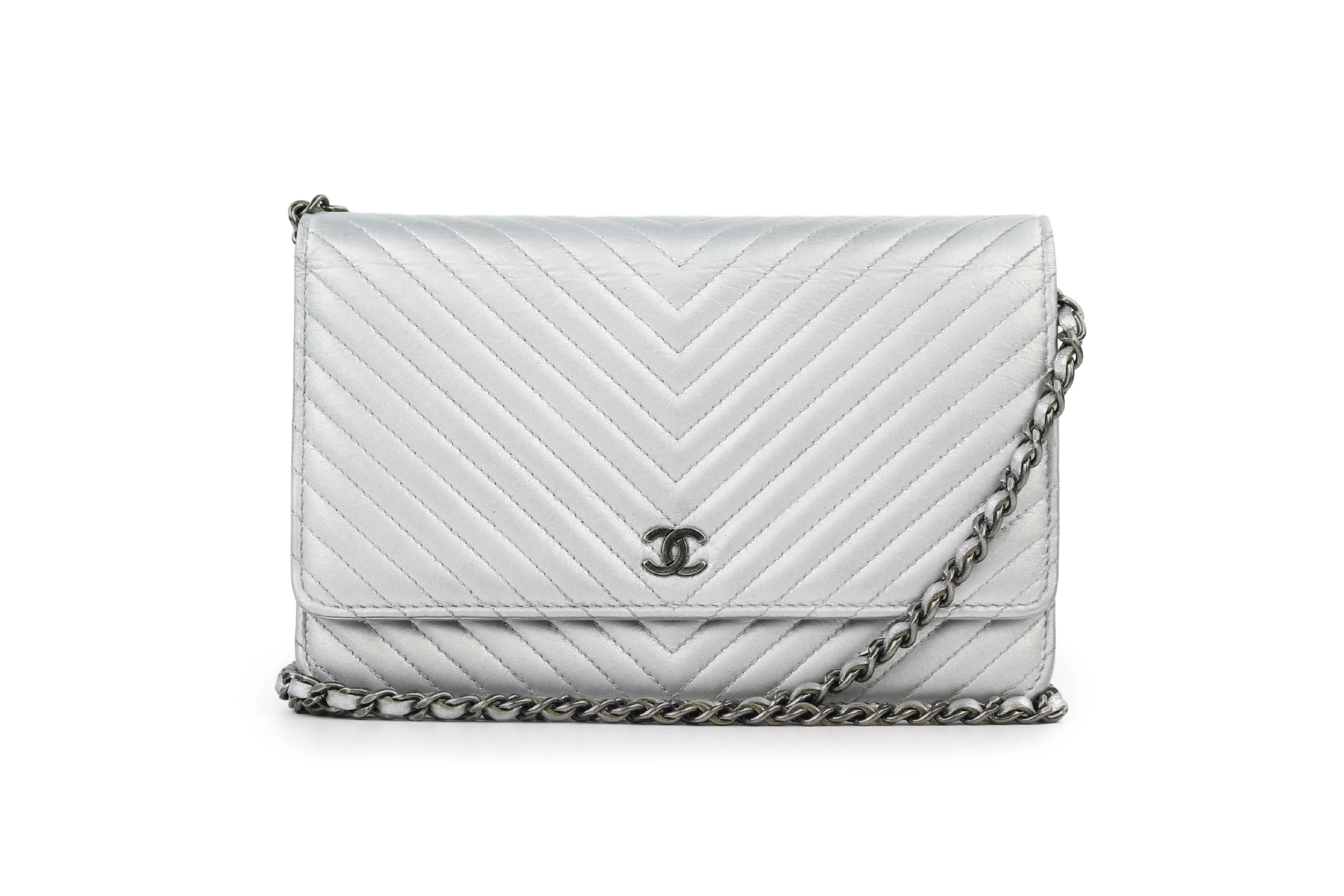 Silver Metallic Chevron Wallet on a Chain