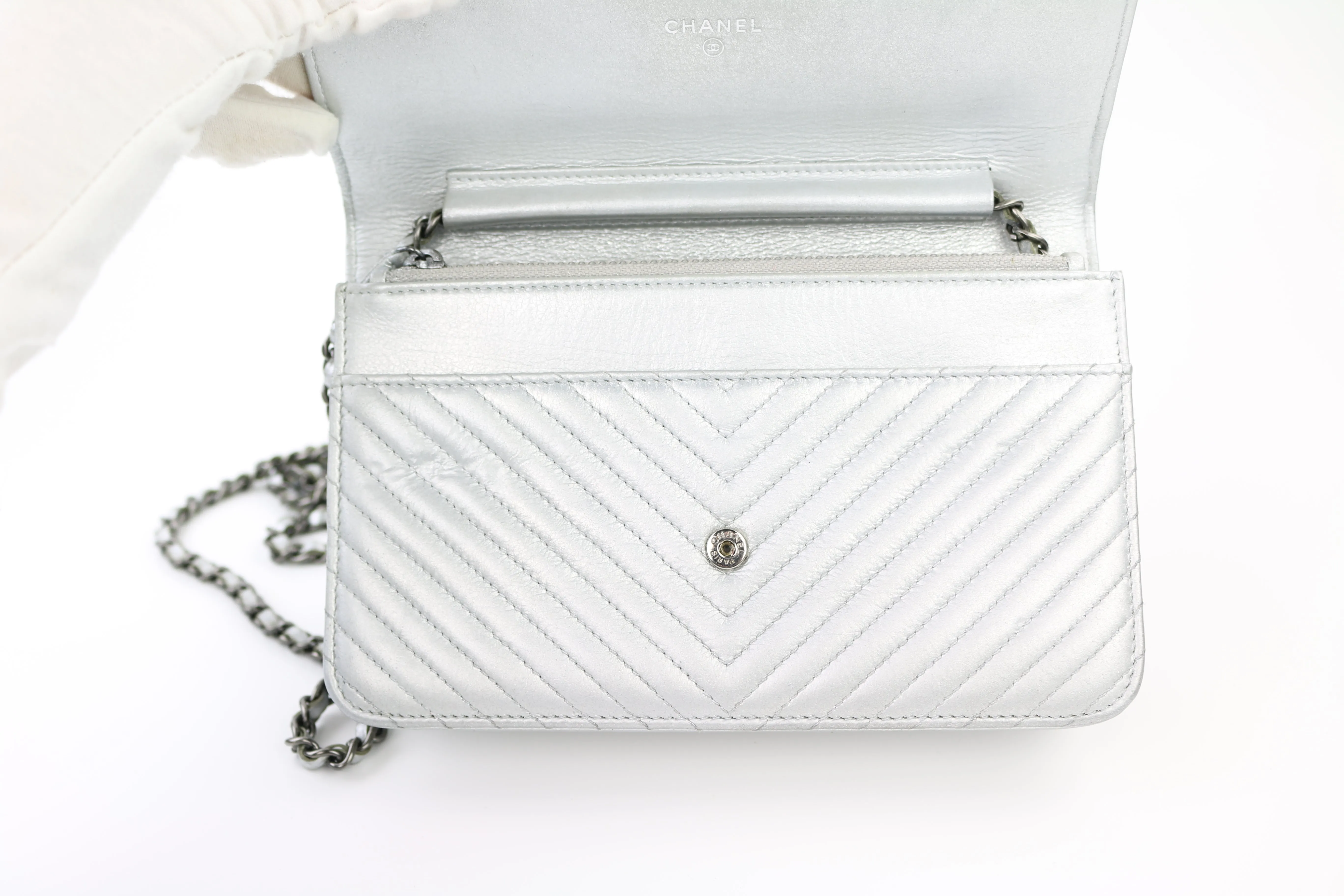 Silver Metallic Chevron Wallet on a Chain