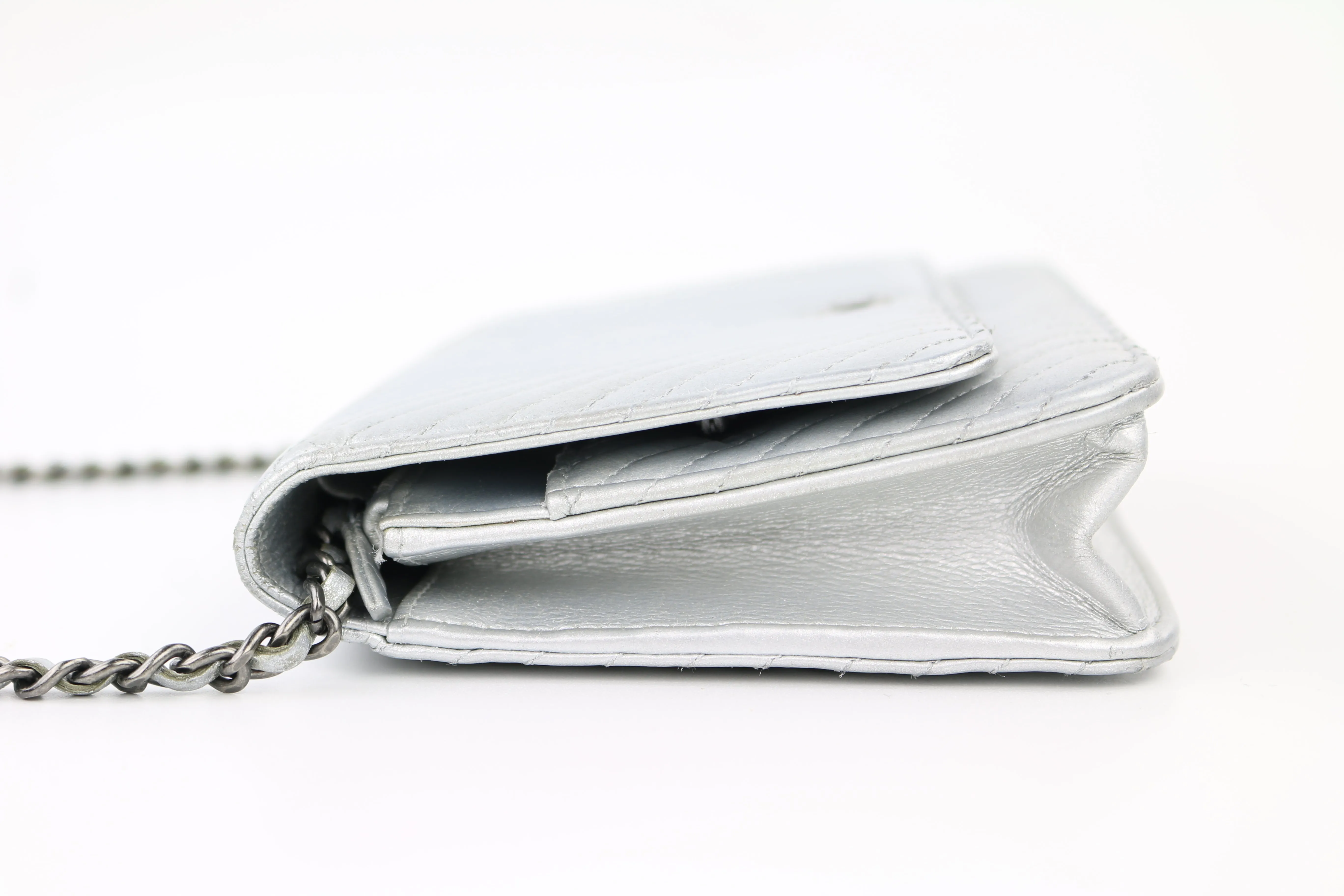 Silver Metallic Chevron Wallet on a Chain