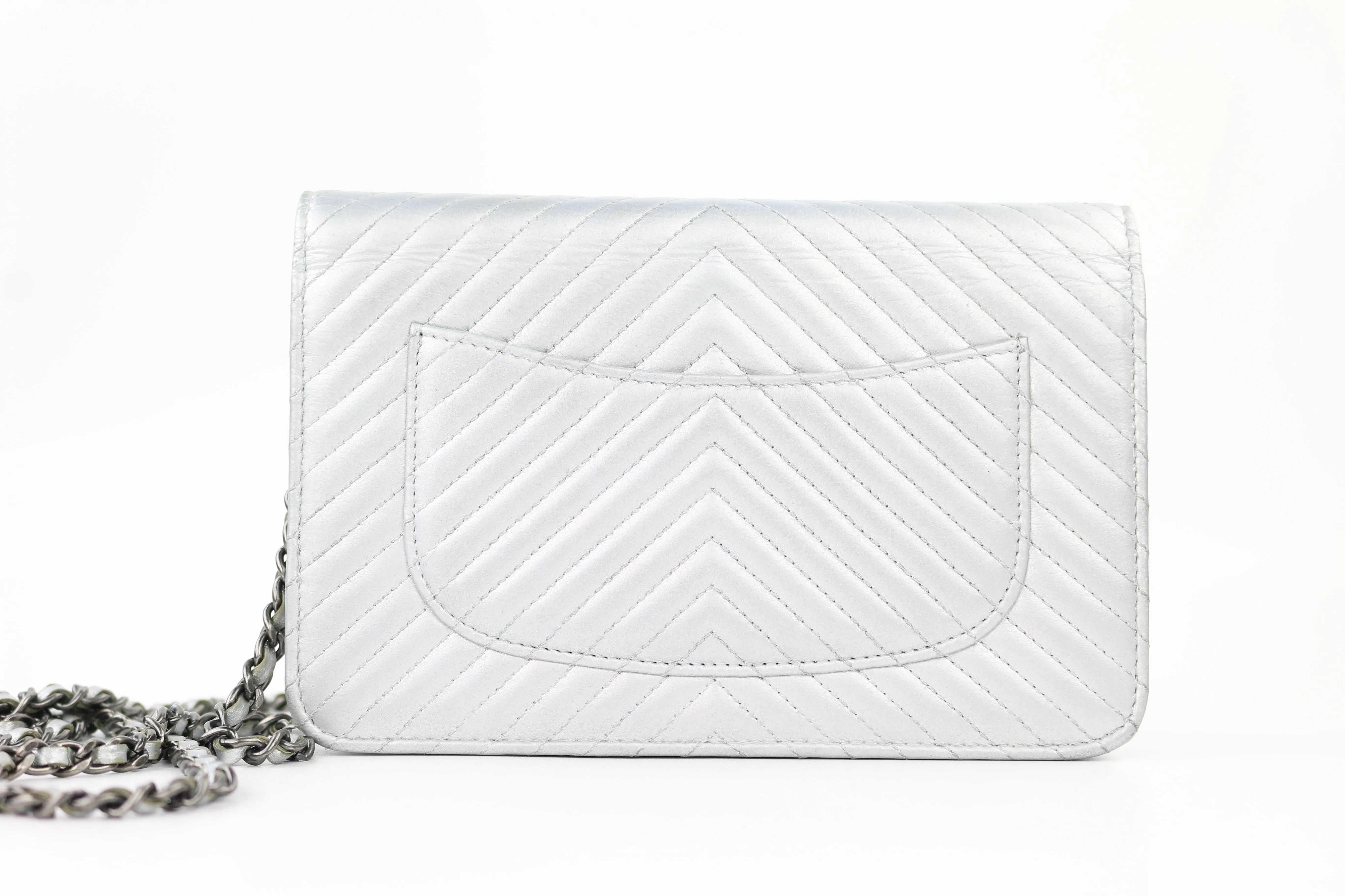 Silver Metallic Chevron Wallet on a Chain