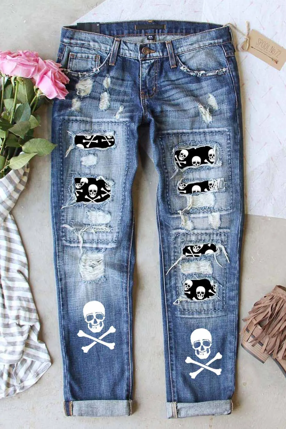 Skull Print Patchwork Distressed Jeans Slim Fit Denim Pants