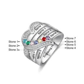 Sterling Silver Personalized 7 Names And Birthstones Engraved Ring