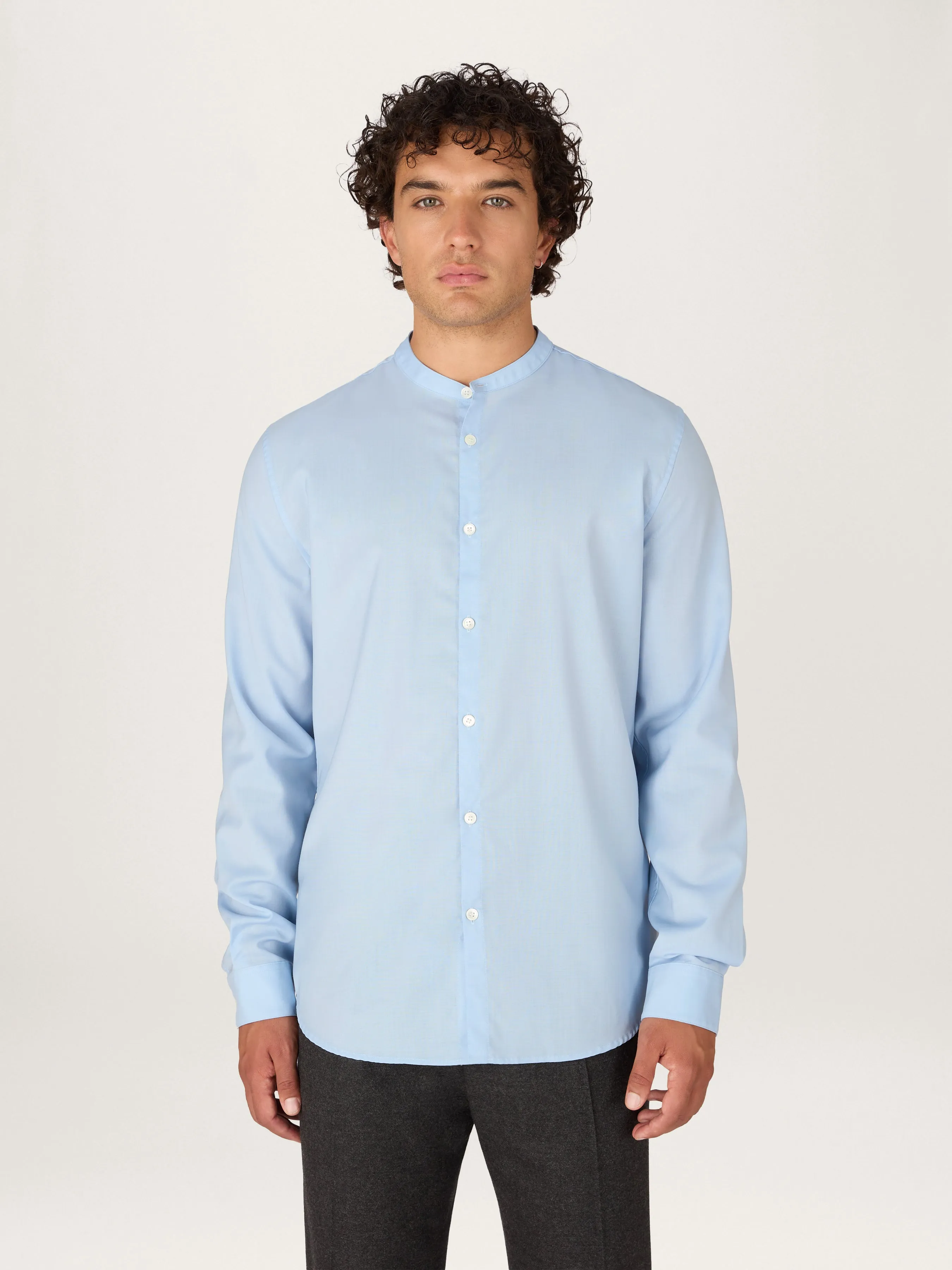 The All Day Shirt Merino Collarless || Light Blue | Merino Poplin