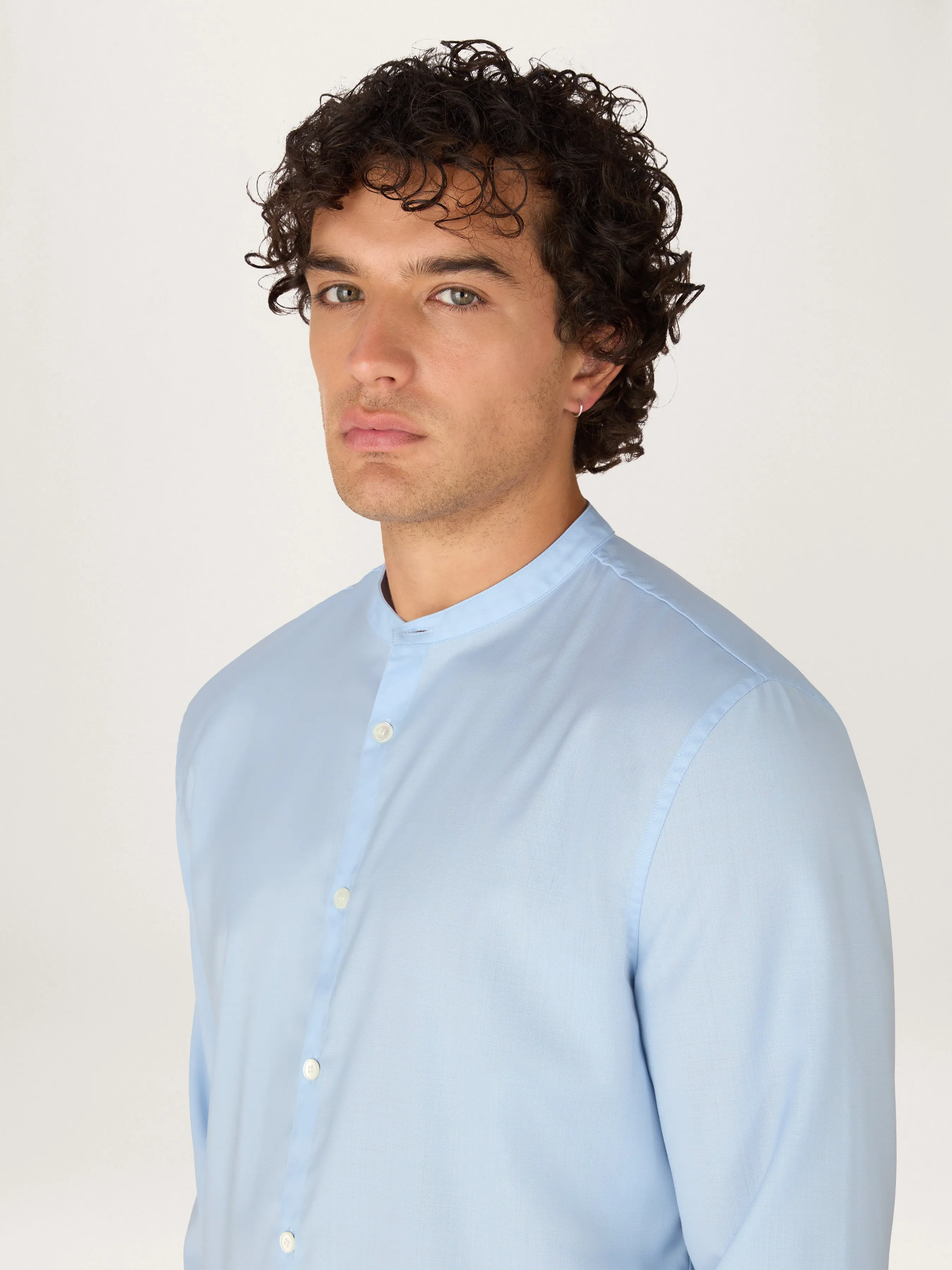 The All Day Shirt Merino Collarless || Light Blue | Merino Poplin