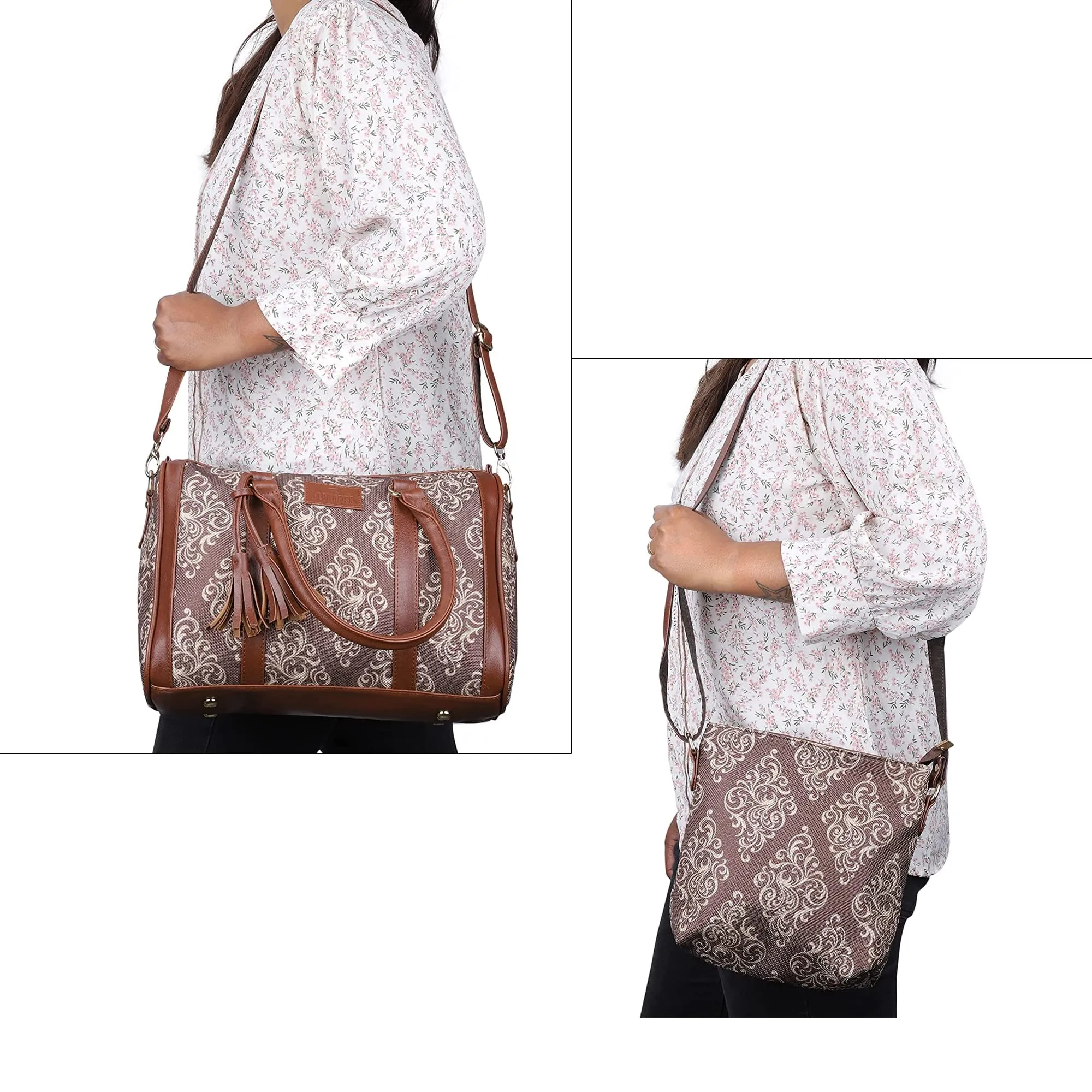 The Clownfish Combo of Lorna Printed Handicraft Fabric Handbag and Aahna Polyester Crossbody Sling bag for Women (Brown)