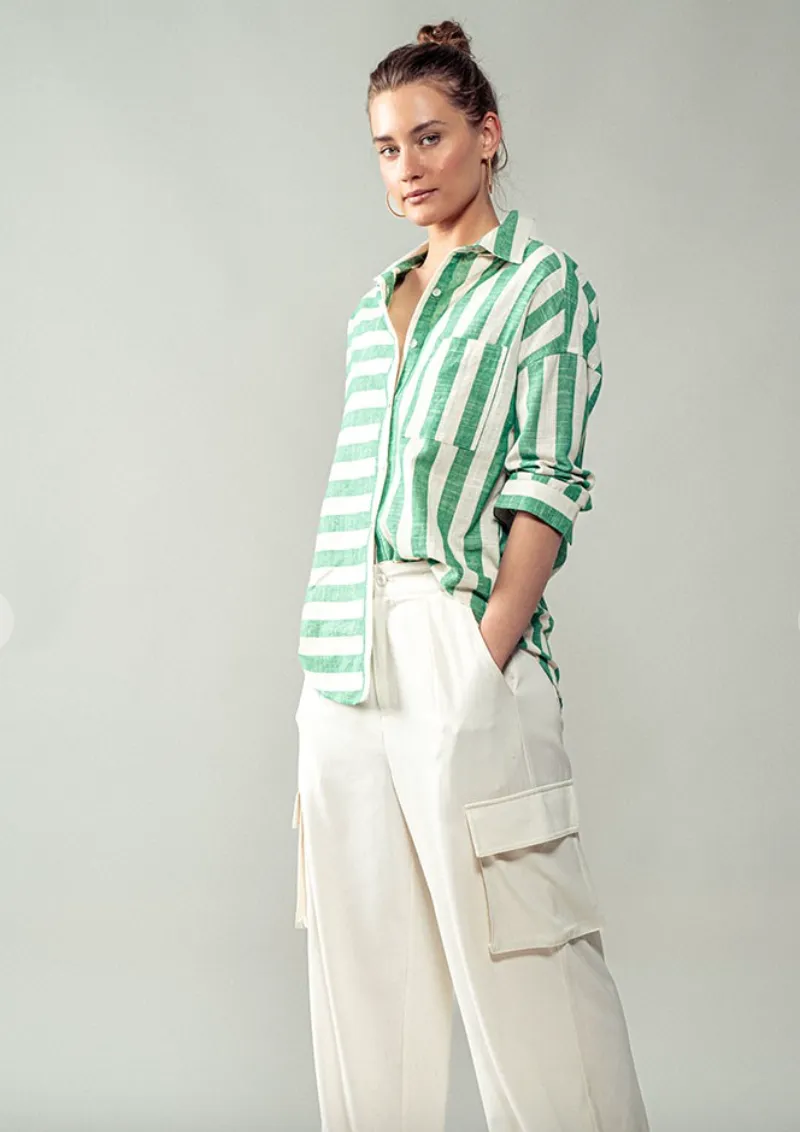 The Demi Vertical   Horizontal Striped Button Up Top