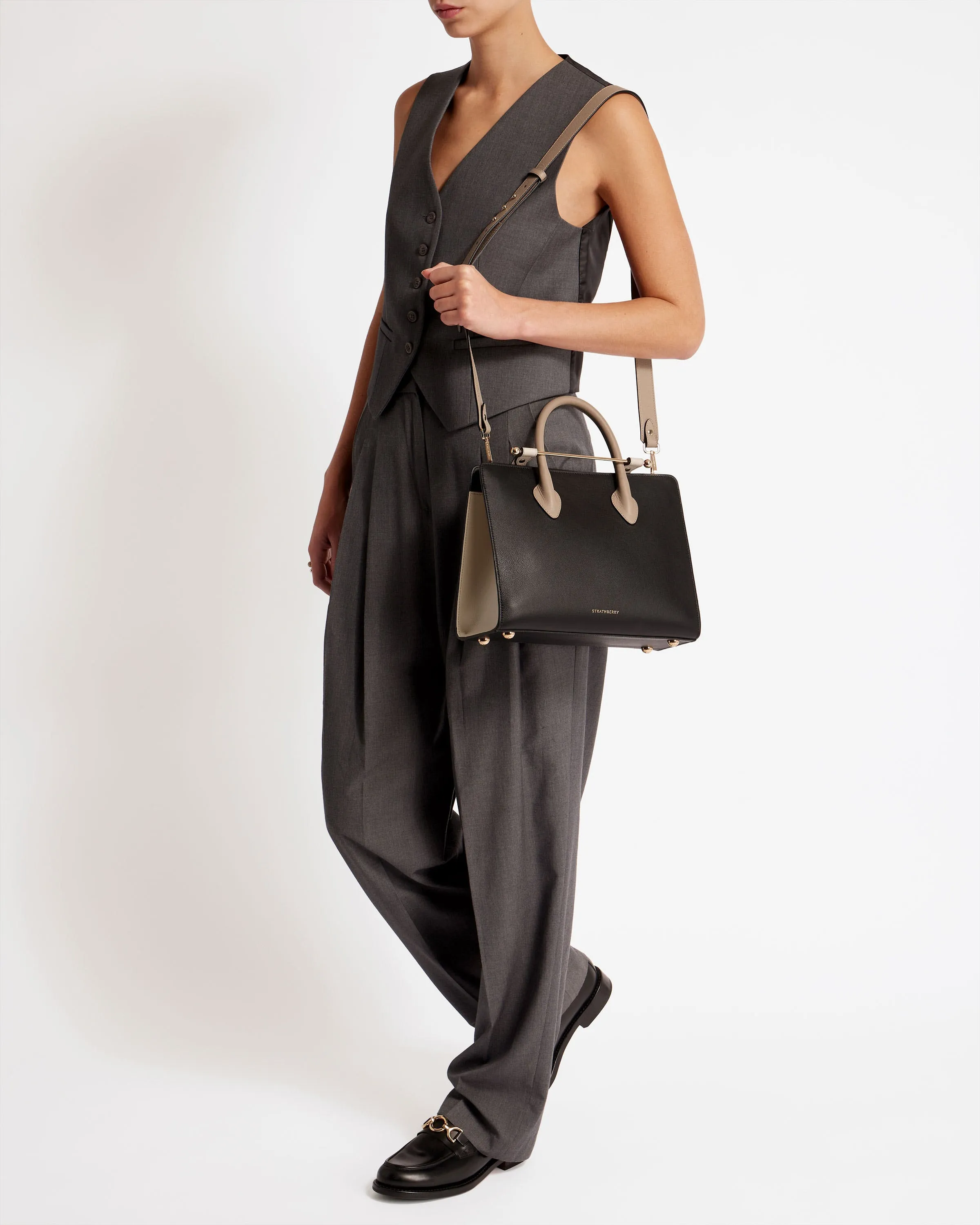 The Strathberry Midi Tote - Black/Oat/Mushroom