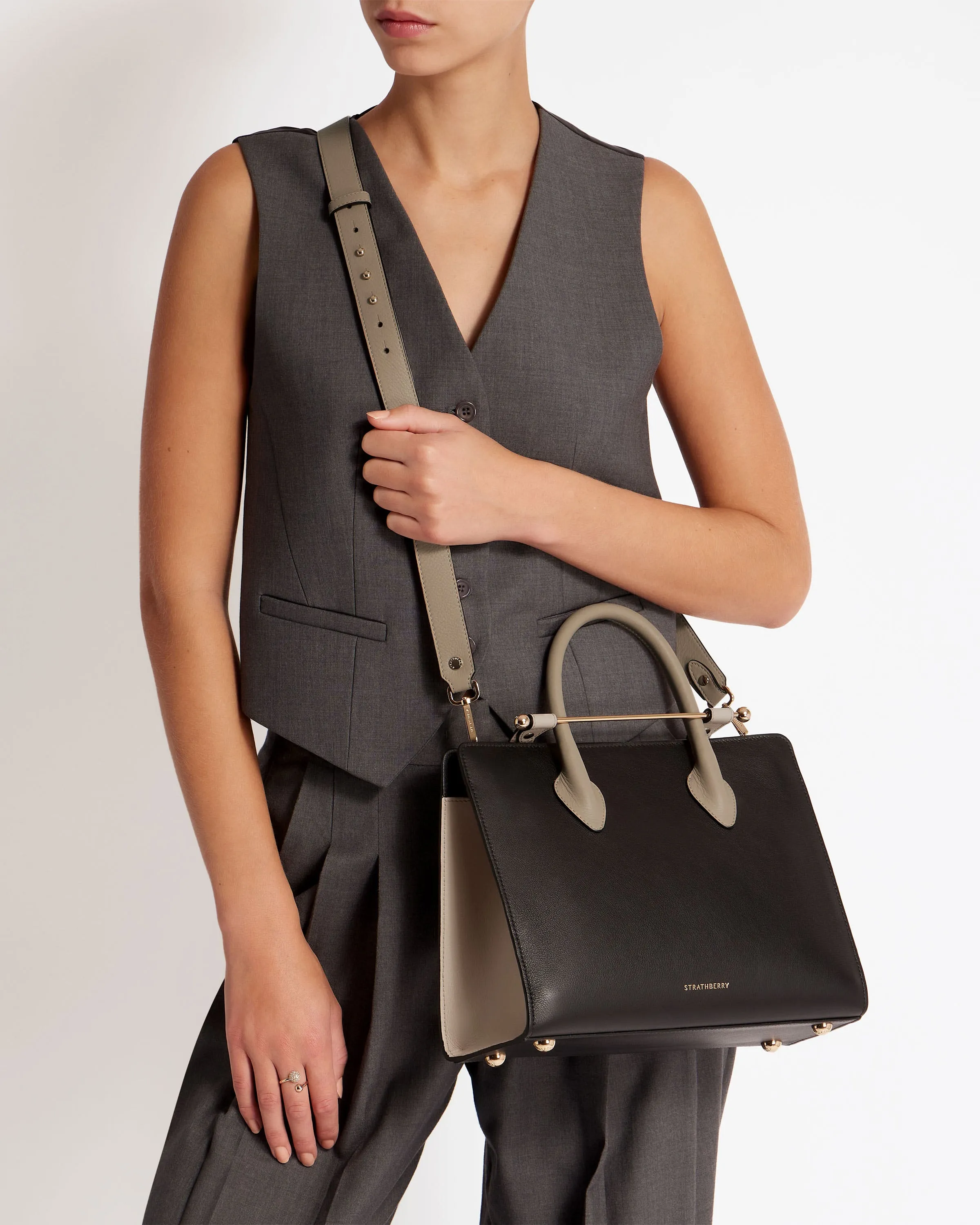 The Strathberry Midi Tote - Black/Oat/Mushroom