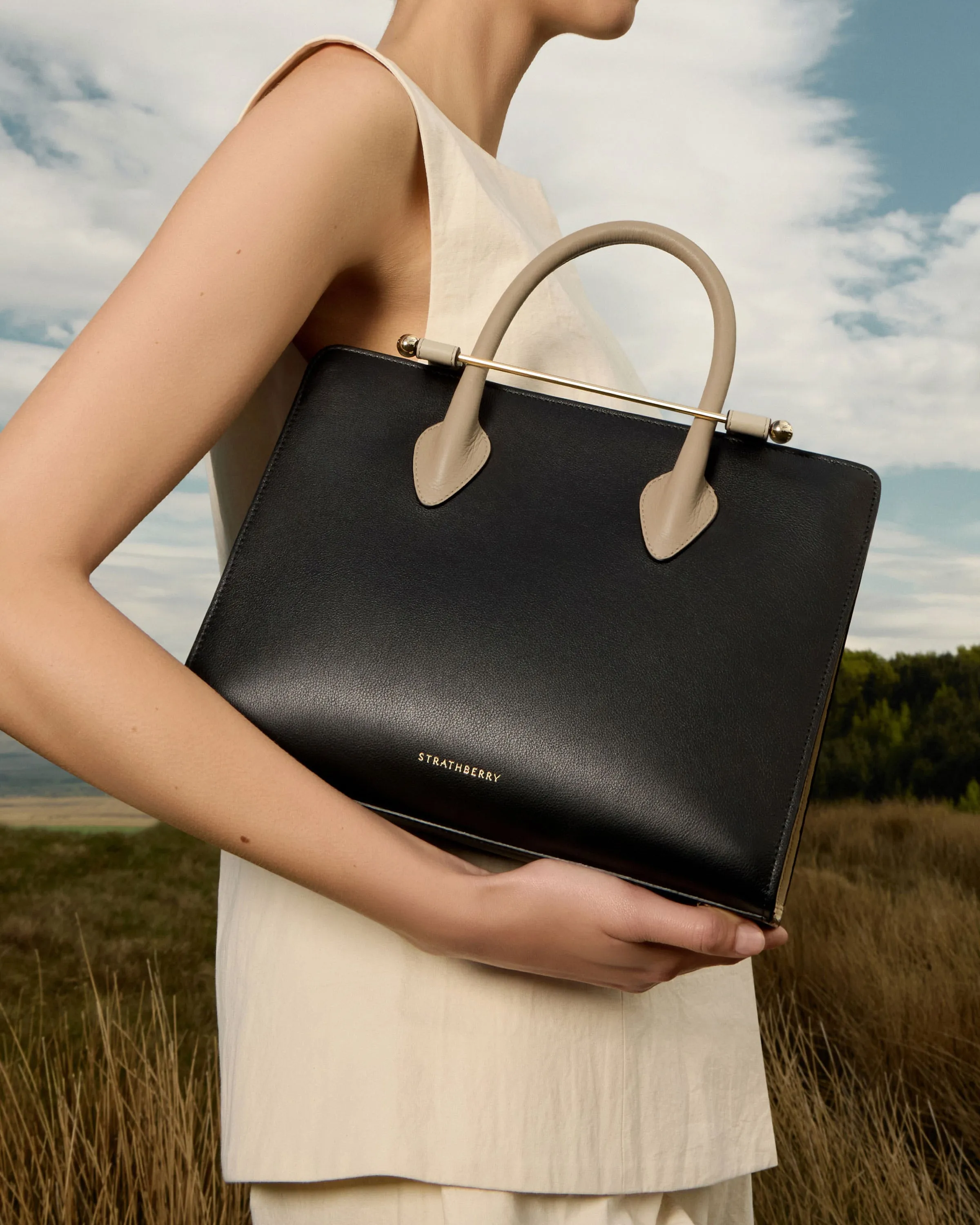 The Strathberry Midi Tote - Black/Oat/Mushroom