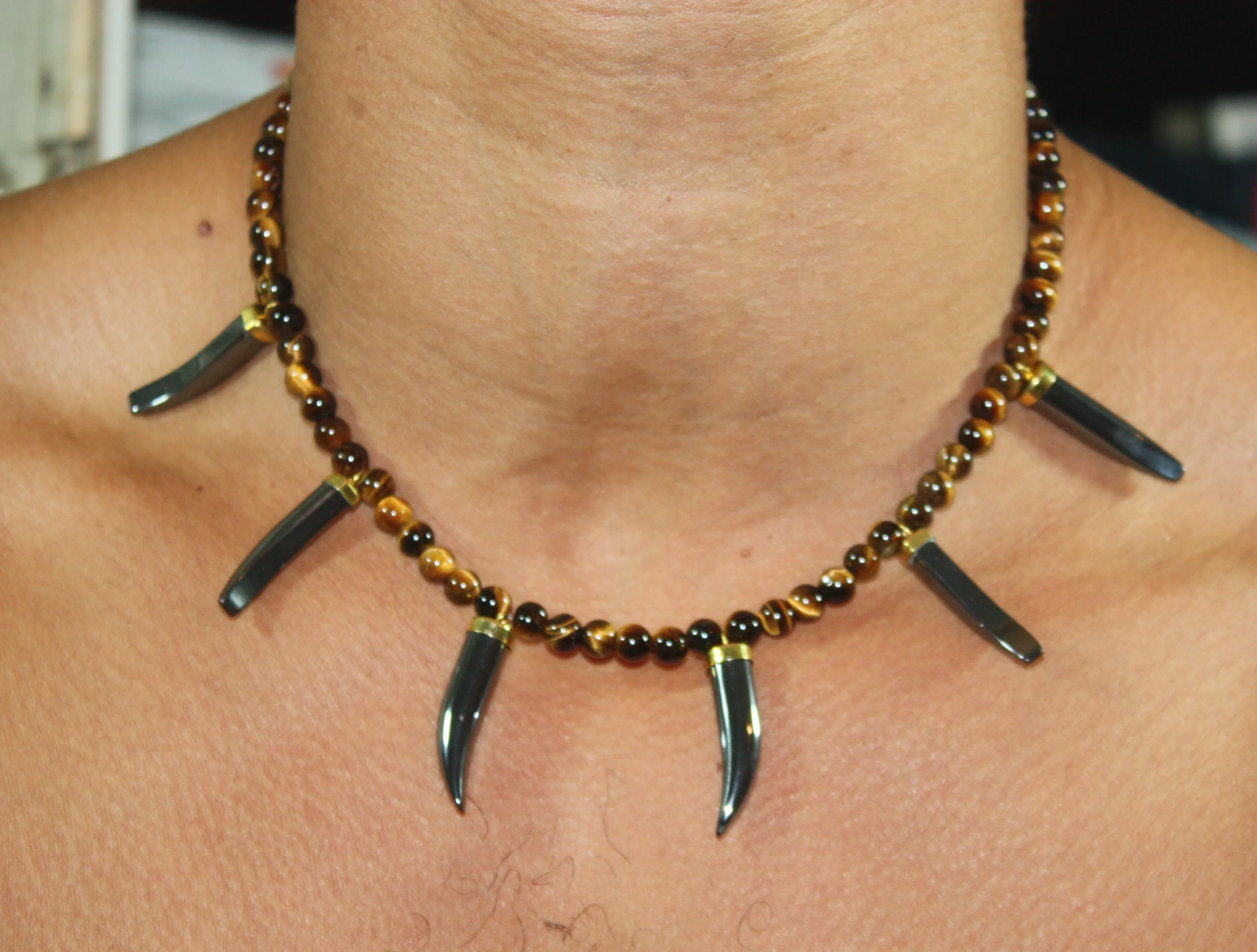 Tiger Tooth Necklace - African Beaded Necklace - Hematite Tiger Tooth - Tribal Necklace