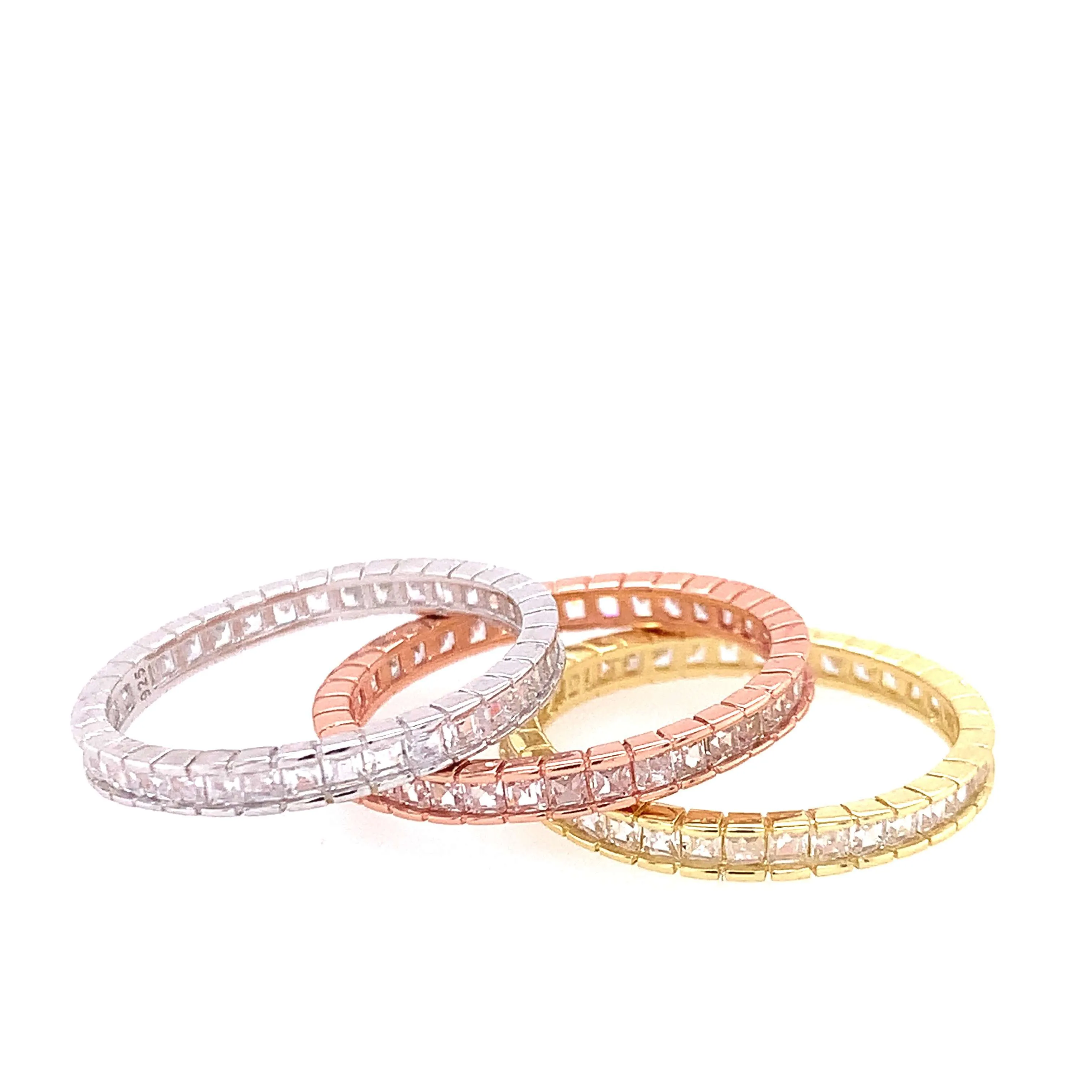 Tri Colored Triple Set Baguette Eternity Rings