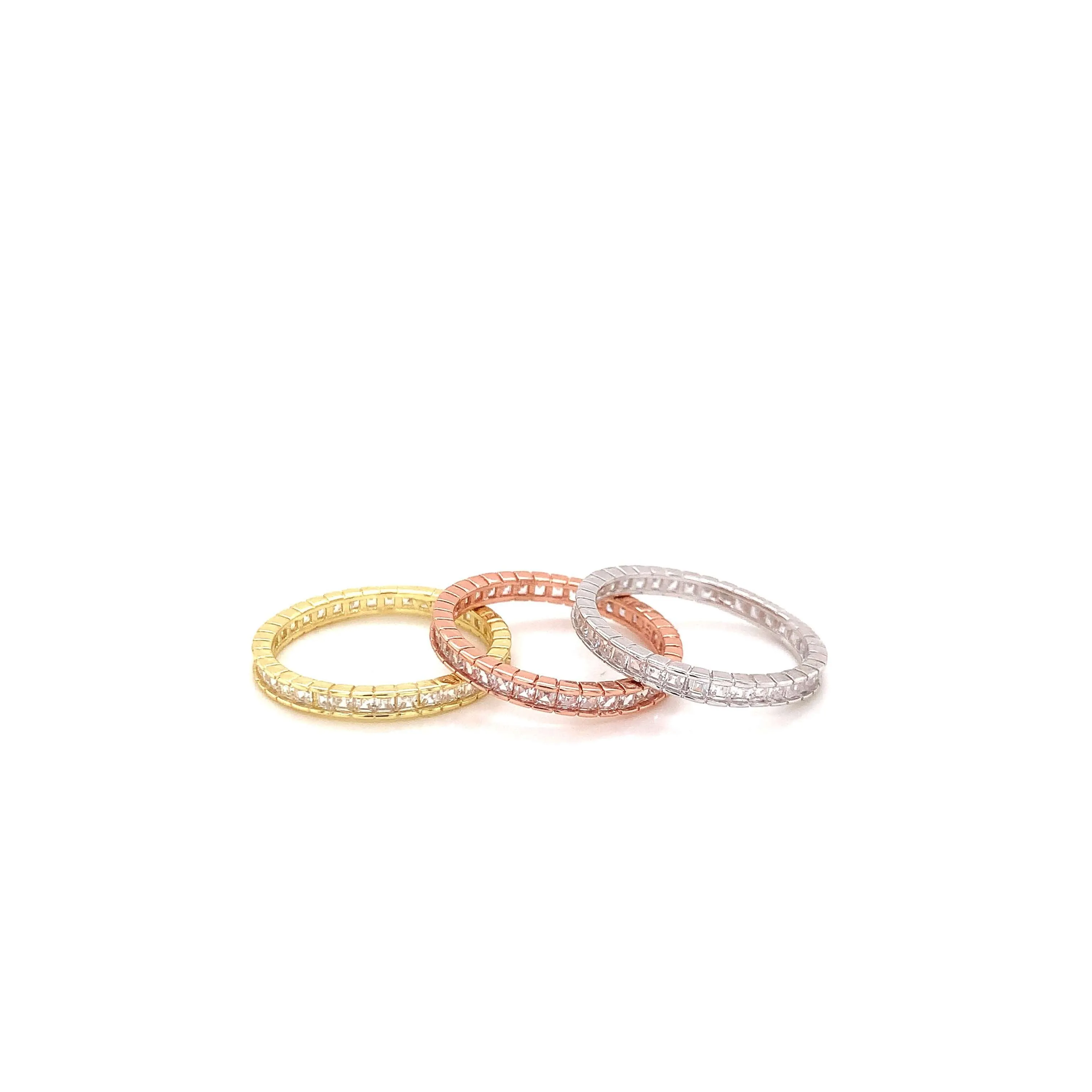 Tri Colored Triple Set Baguette Eternity Rings