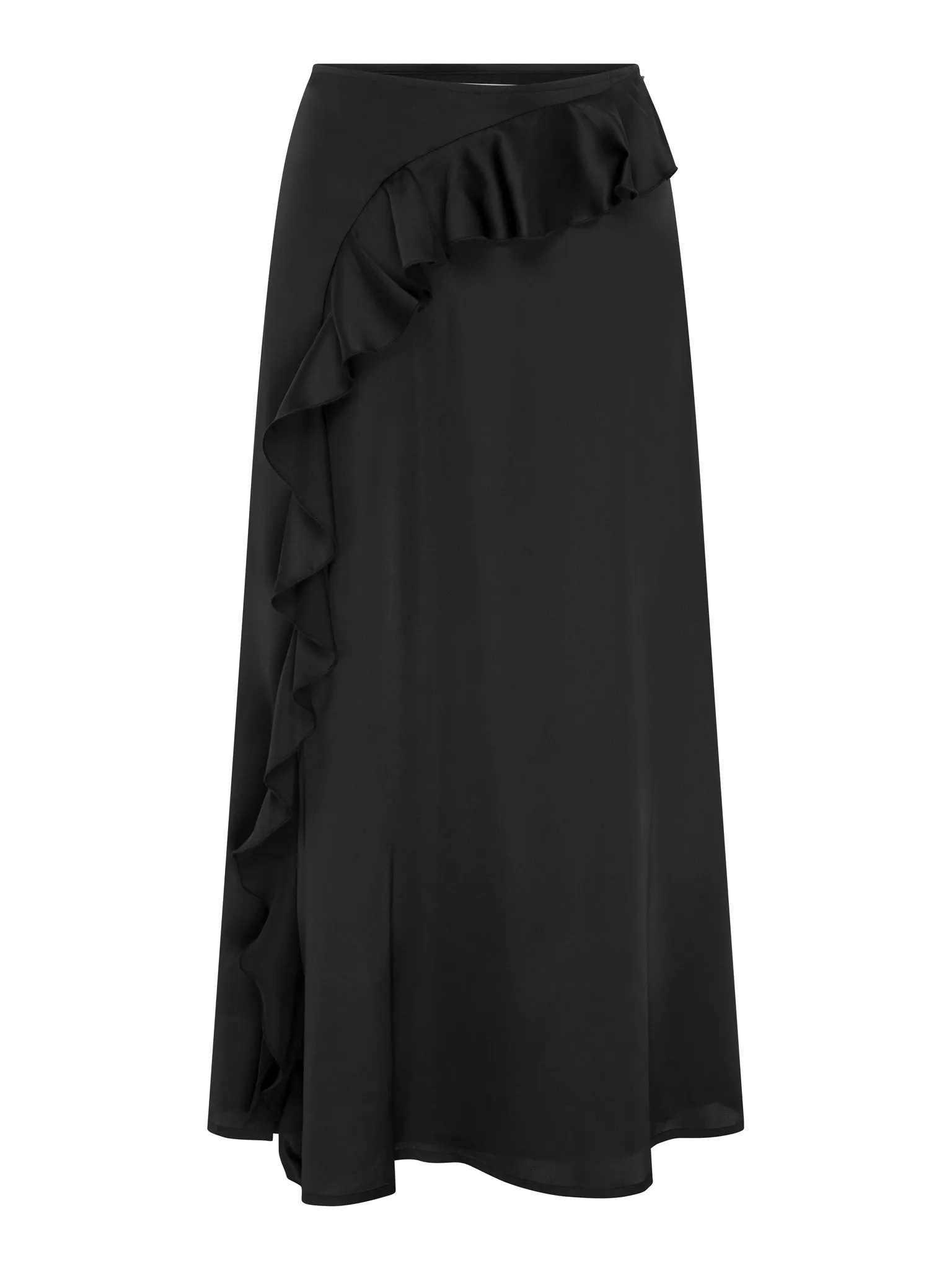 Udita Ruffle Detail Midi Satin Skirt in Black