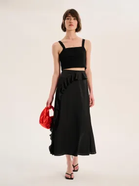 Udita Ruffle Detail Midi Satin Skirt in Black