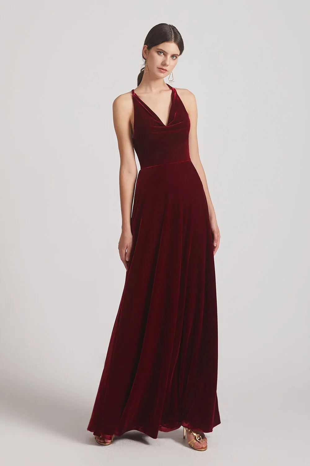 Velvet Cowl Neck Bridesmaid Dresses With Open Back (AF0123)