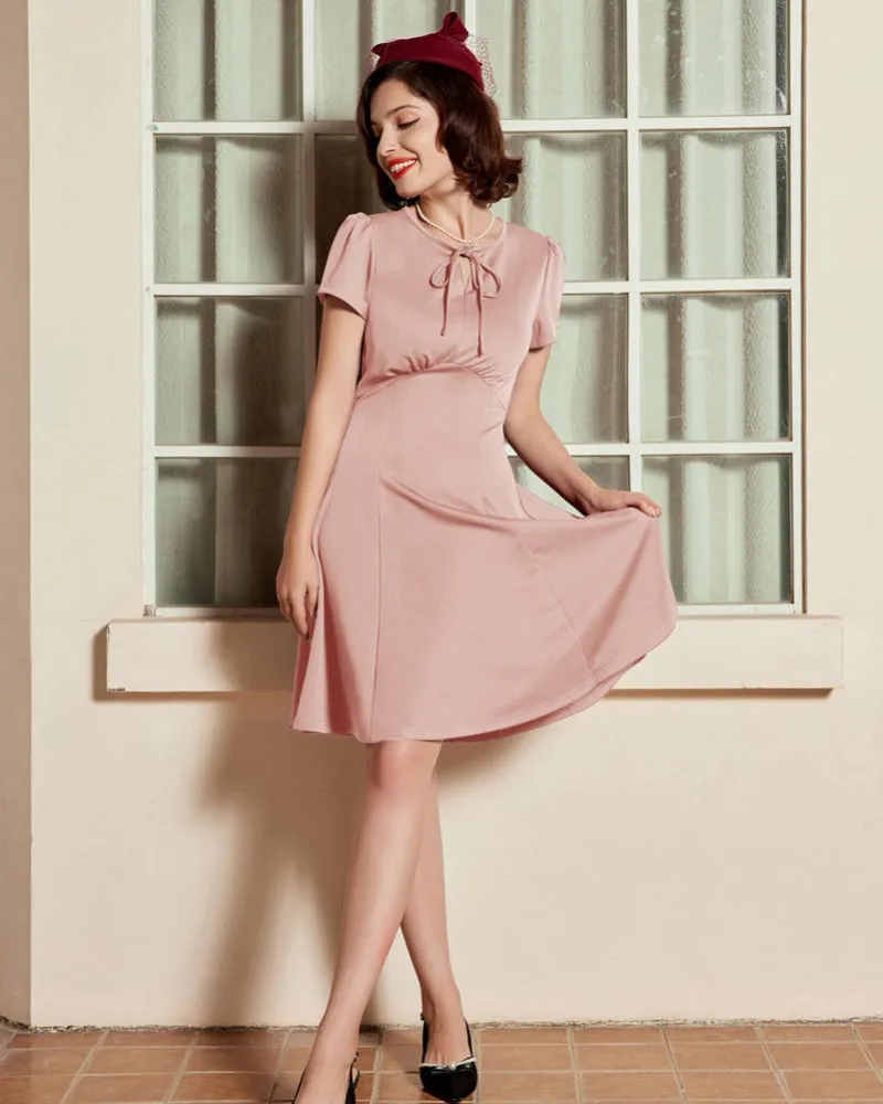 Vintage A-Line Swing Dress Keyhole Tie Dress Round Neck Work Dress Tea Dress