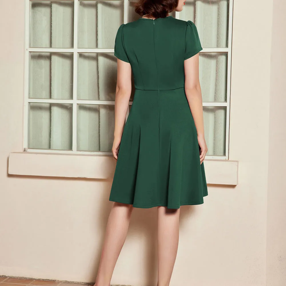 Vintage A-Line Swing Dress Keyhole Tie Dress Round Neck Work Dress Tea Dress