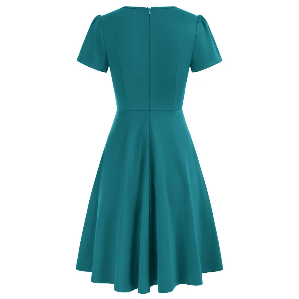 Vintage A-Line Swing Dress Keyhole Tie Dress Round Neck Work Dress Tea Dress