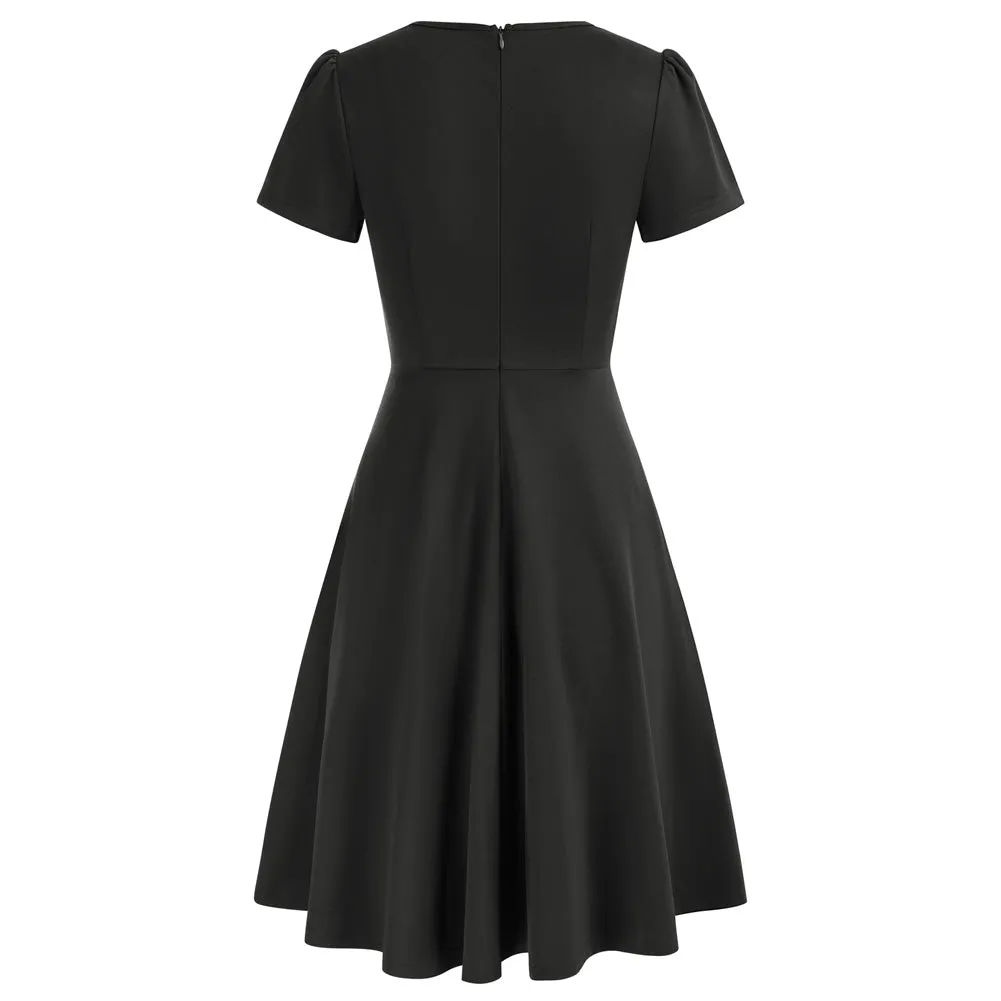 Vintage A-Line Swing Dress Keyhole Tie Dress Round Neck Work Dress Tea Dress