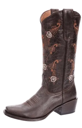 Women's Rugged Dark Brown with Bronze Stems Square Toe Rodeo Boot