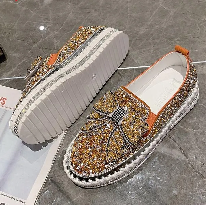 👡Libiyi Women Shining Rhinestone Slip-on Loafers with Cute Bowknot