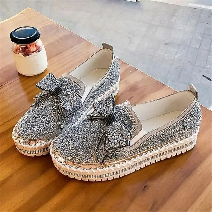 👡Libiyi Women Shining Rhinestone Slip-on Loafers with Cute Bowknot