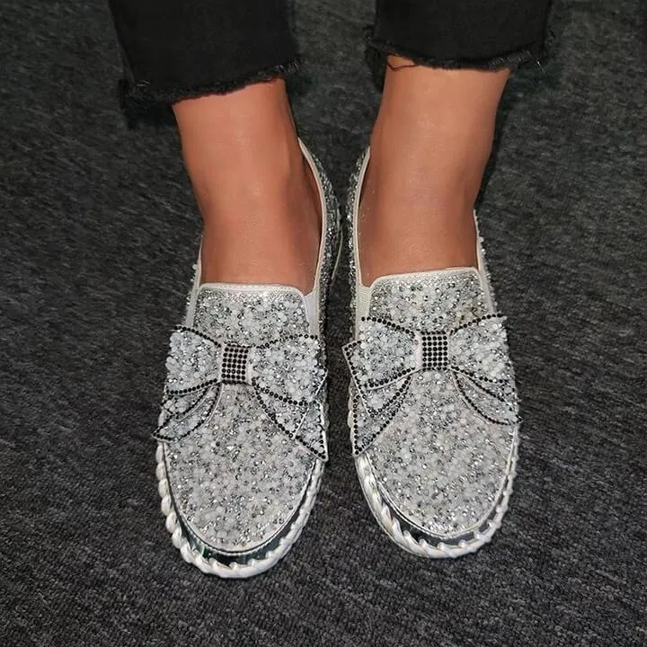 👡Libiyi Women Shining Rhinestone Slip-on Loafers with Cute Bowknot