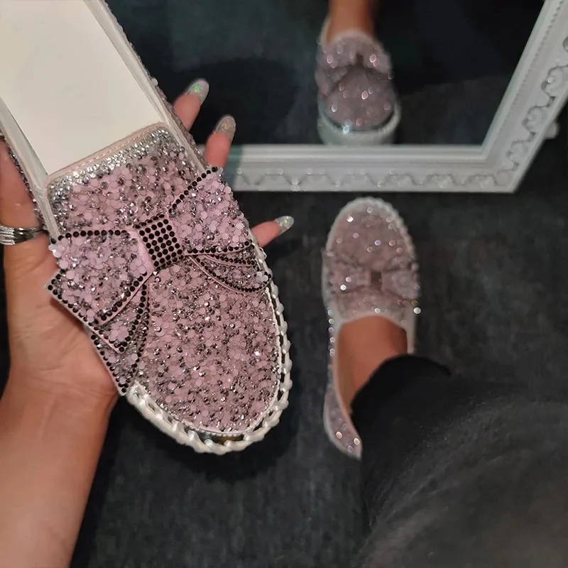 👡Libiyi Women Shining Rhinestone Slip-on Loafers with Cute Bowknot